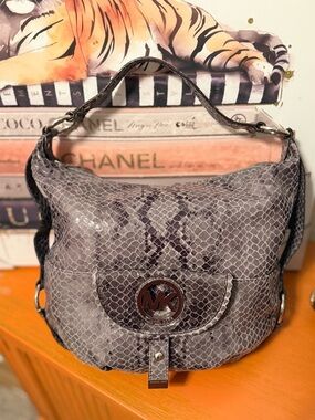 Michael Kors Fulton Gray Snake Embossed Leather Hobo Bag EUC